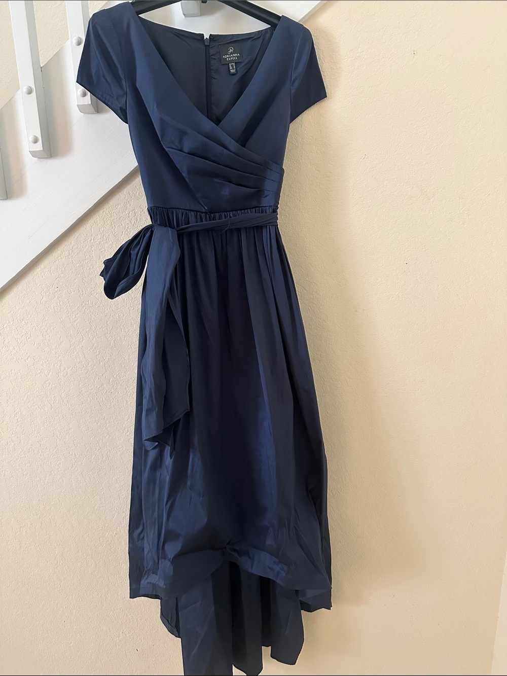 Adrianna Papell Navy High-Low Wrap Dress with Side Tie